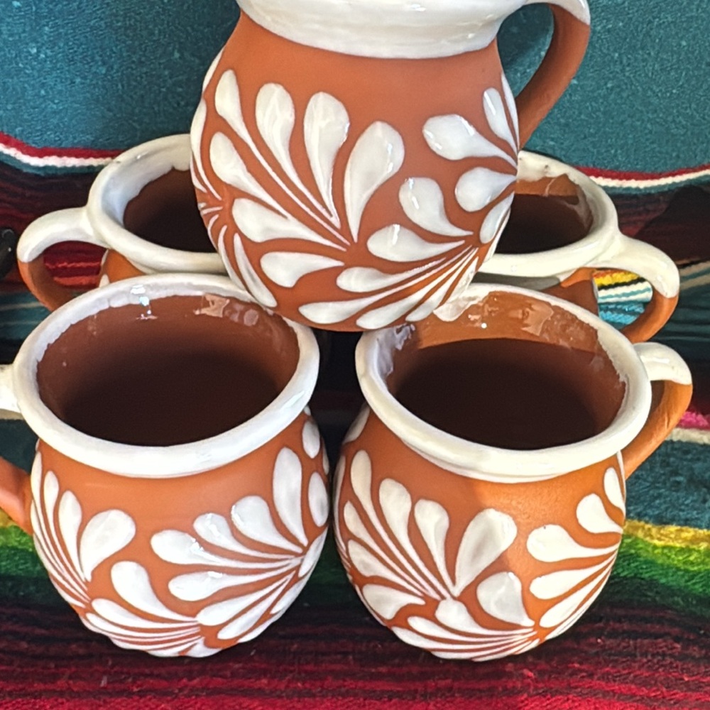 Handpainted Terracotta Mugs with White Floral Motif - Set of 4